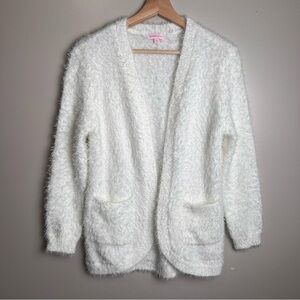 Design History Juniors XL Fuzzy White Angora Style Open Cardigan w/Pockets EUC